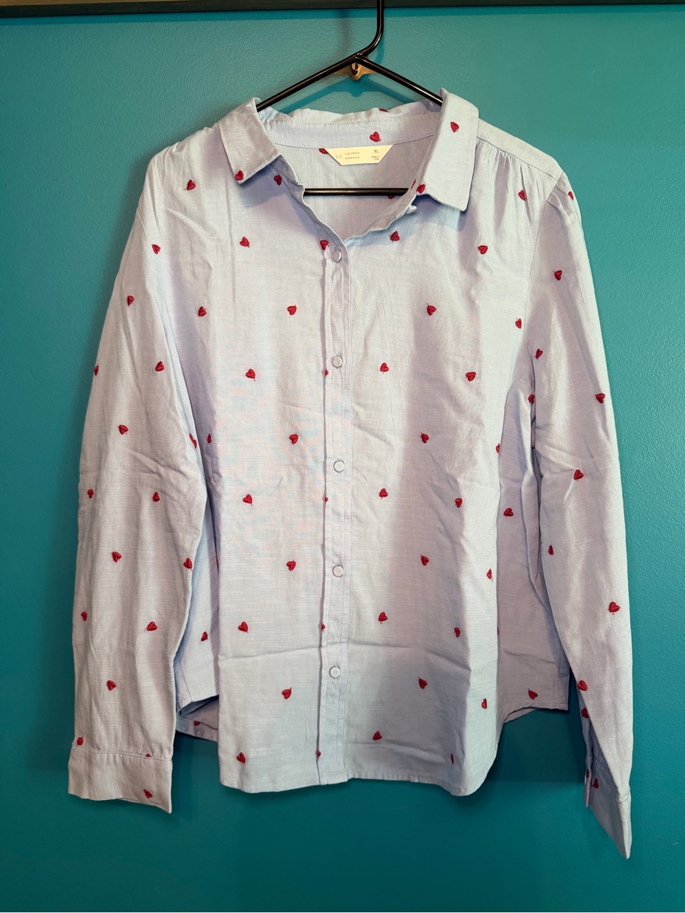 LC Lauren Conrad Light Blue Button-Up Shirt with Red Heart Motif